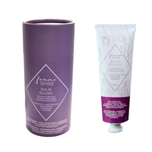 Load image into Gallery viewer, Femme Sense Balm packaging with purple cylindrical container and white tube on a white background